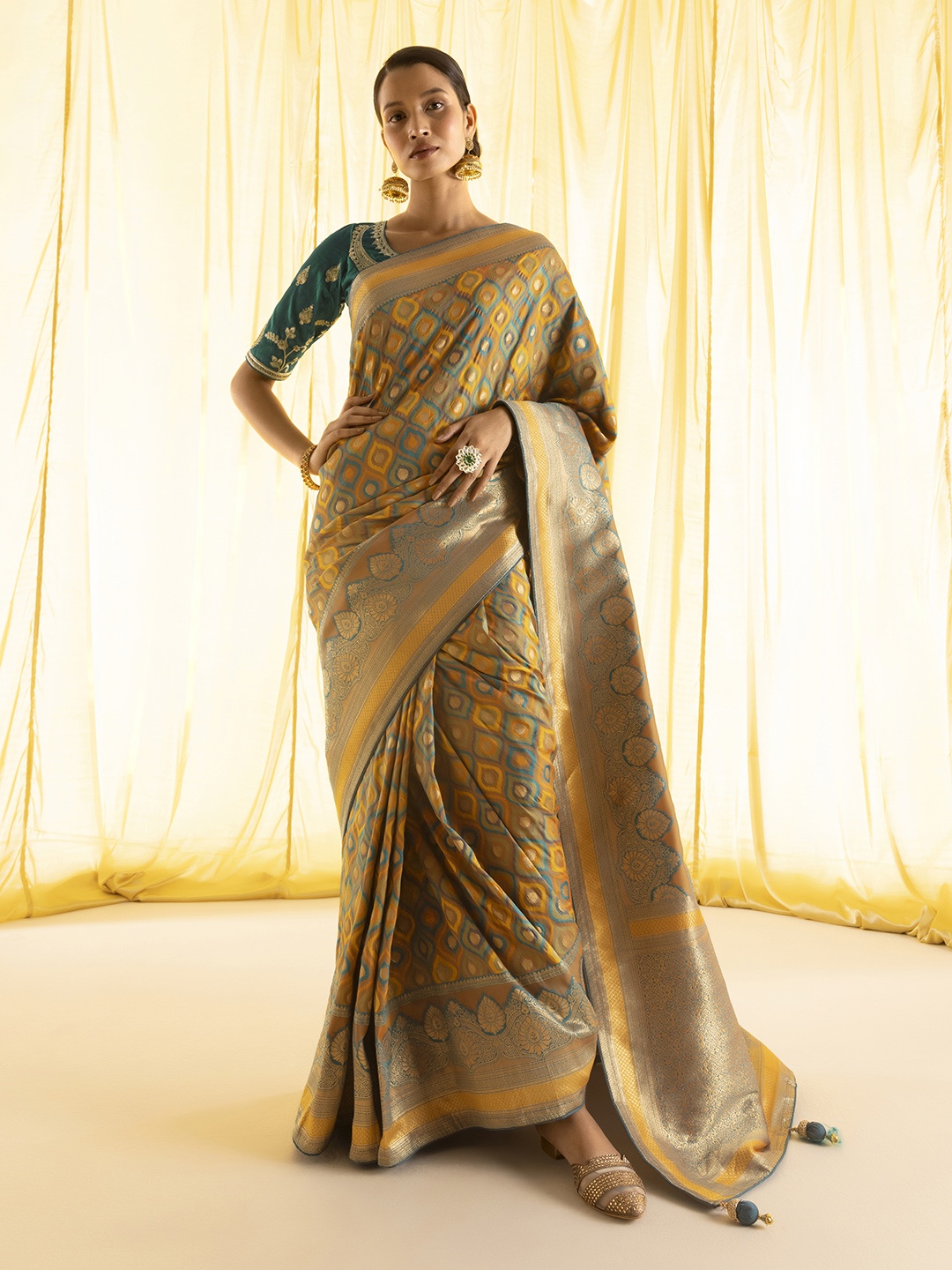 

Soch Mustard & Gold-Toned Woven Design Zari Silk Blend Tussar Saree