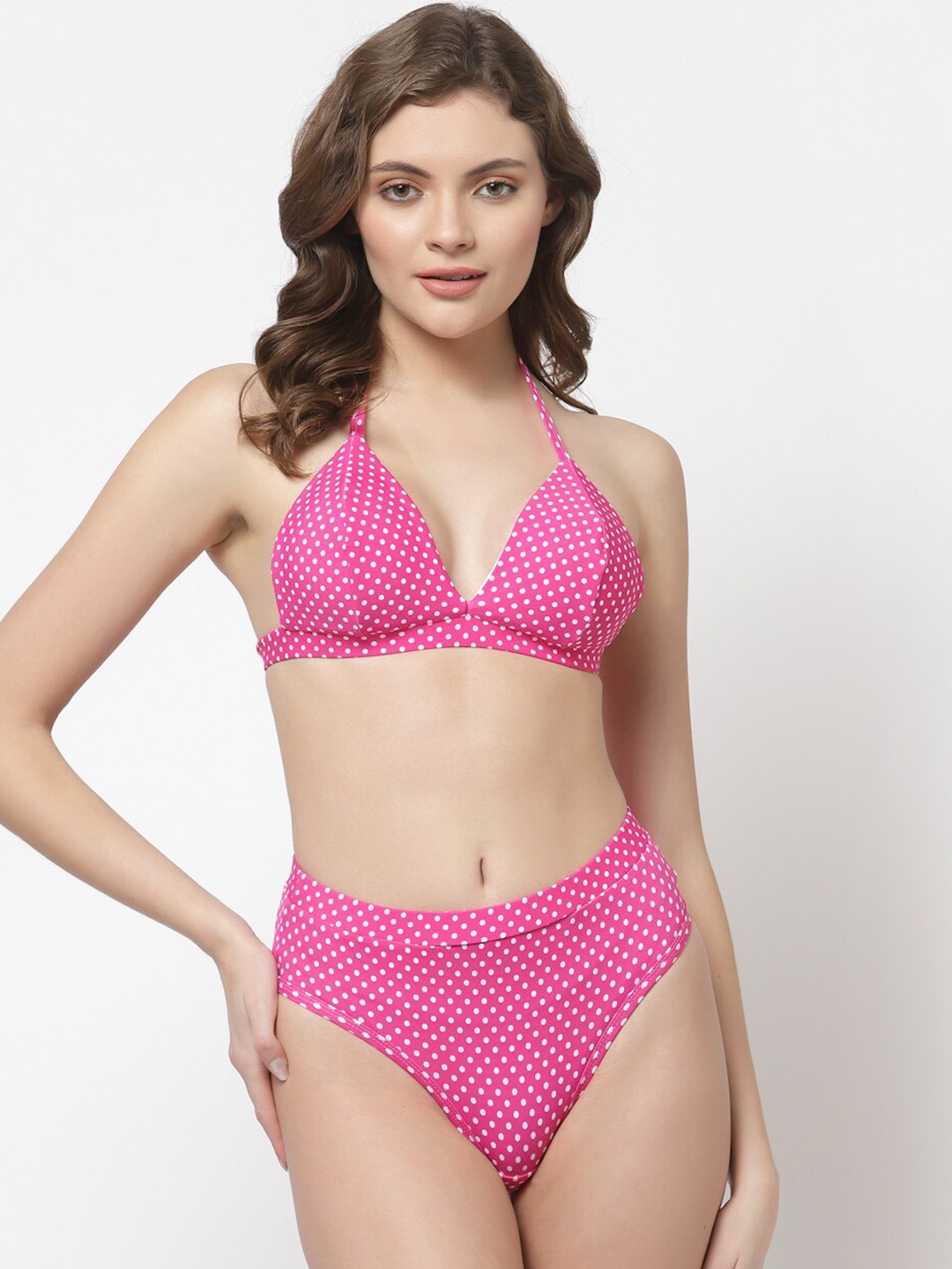 

CUKOO Women Pink & White Polka Dot Printed Two-Pieces Swim Bikini Set