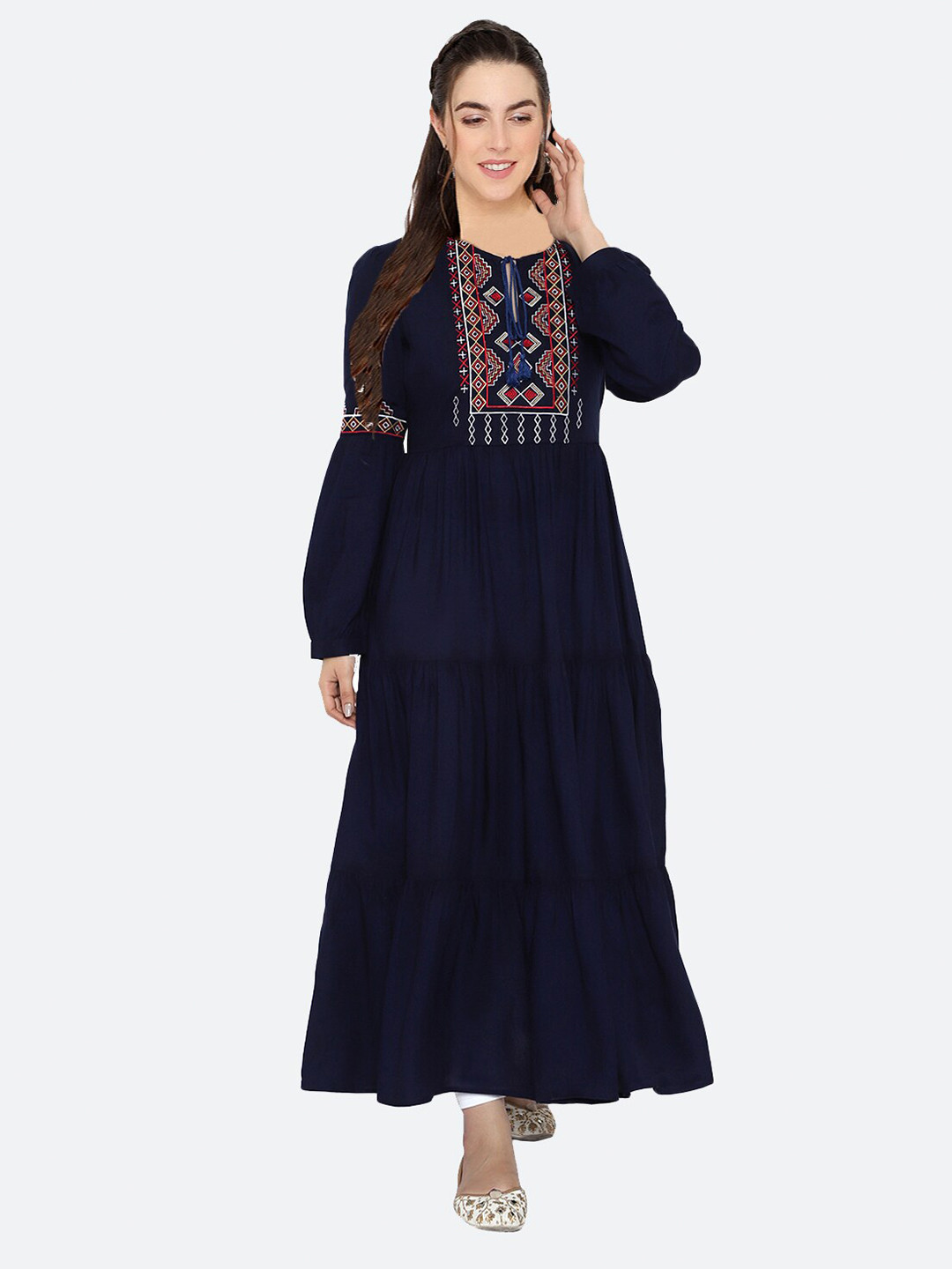 

shashvi Women Blue Geometric Yoke Design Tiering Anarkali Kurta
