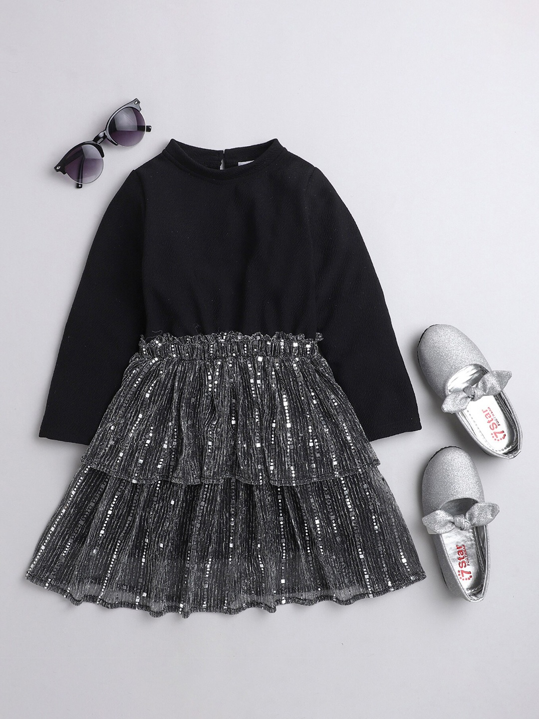 

taffykids Girls Black & Silver Embellished Layered Party Dress