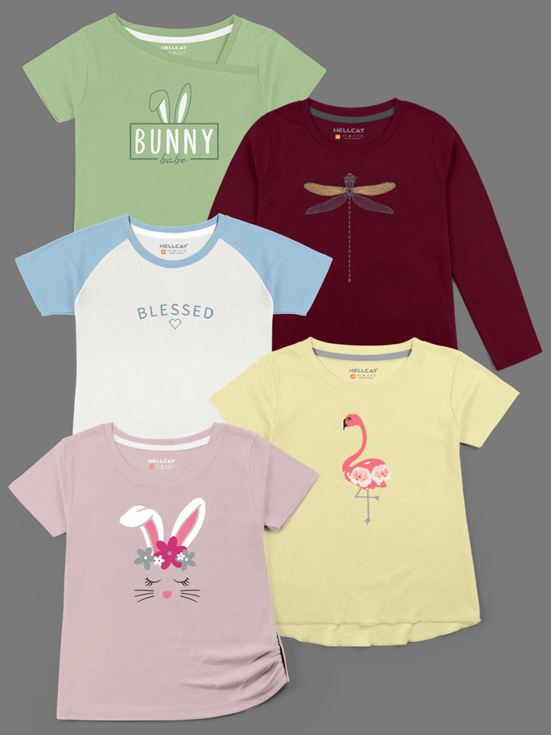 

HELLCAT Girls Pack of 5 Yellow & Green Printed Bio Finish T-shirt