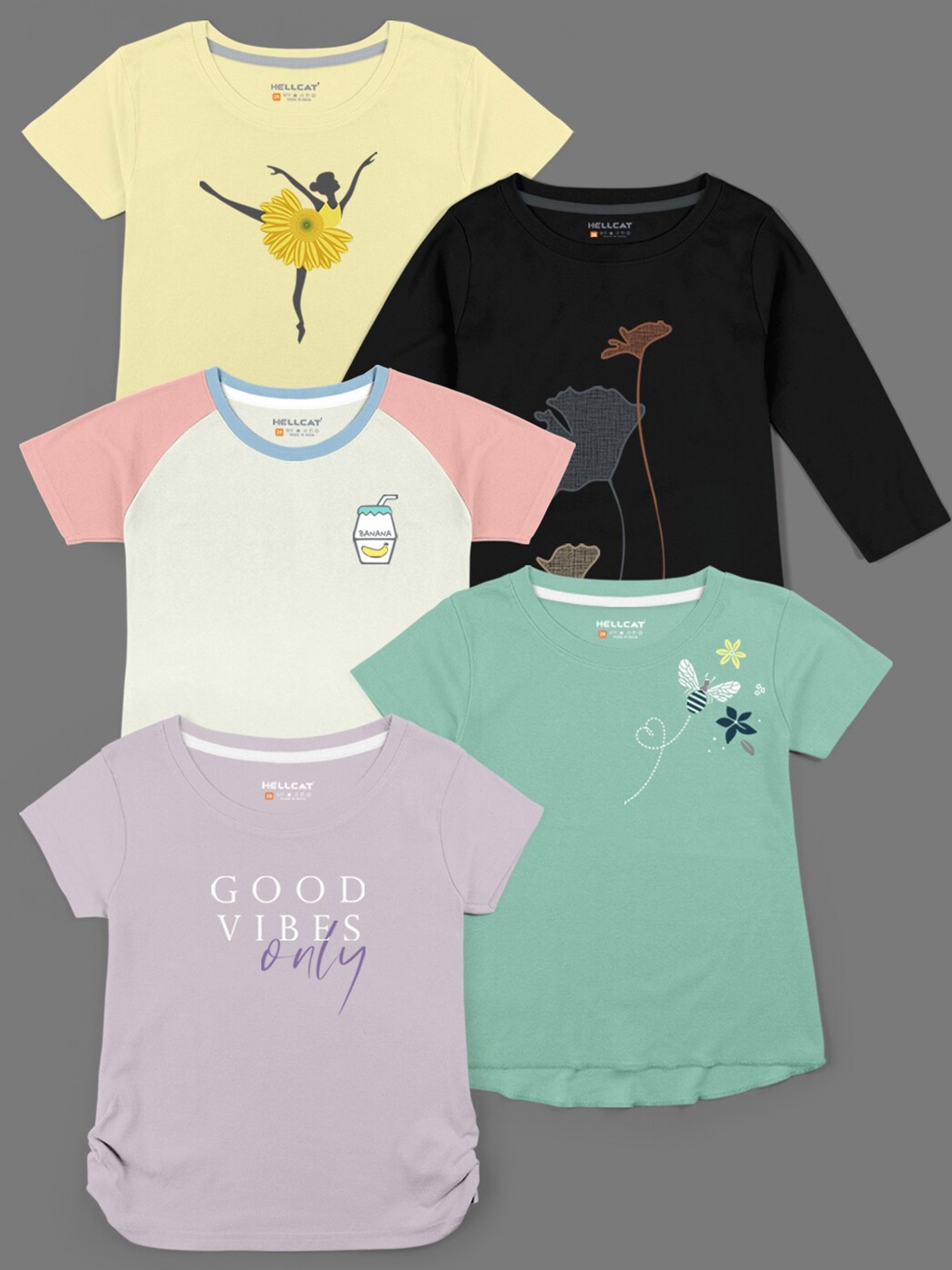 

HELLCAT Pack of 5 Girls Black & Lavender Printed Bio Finish T-shirt