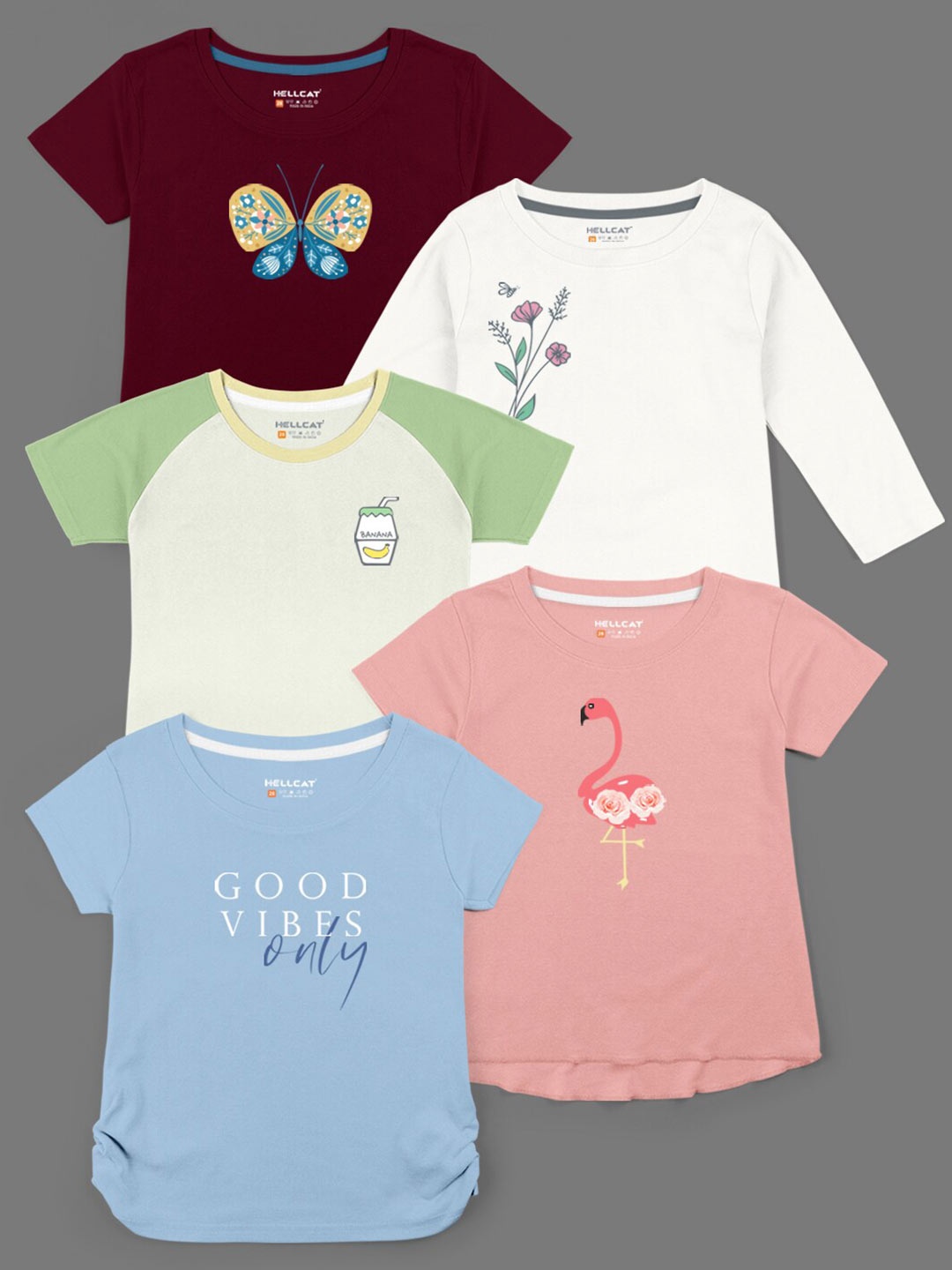 

HELLCAT Girls Pack of 5 Peach-Coloured & Green Printed Bio Finish T-shirt