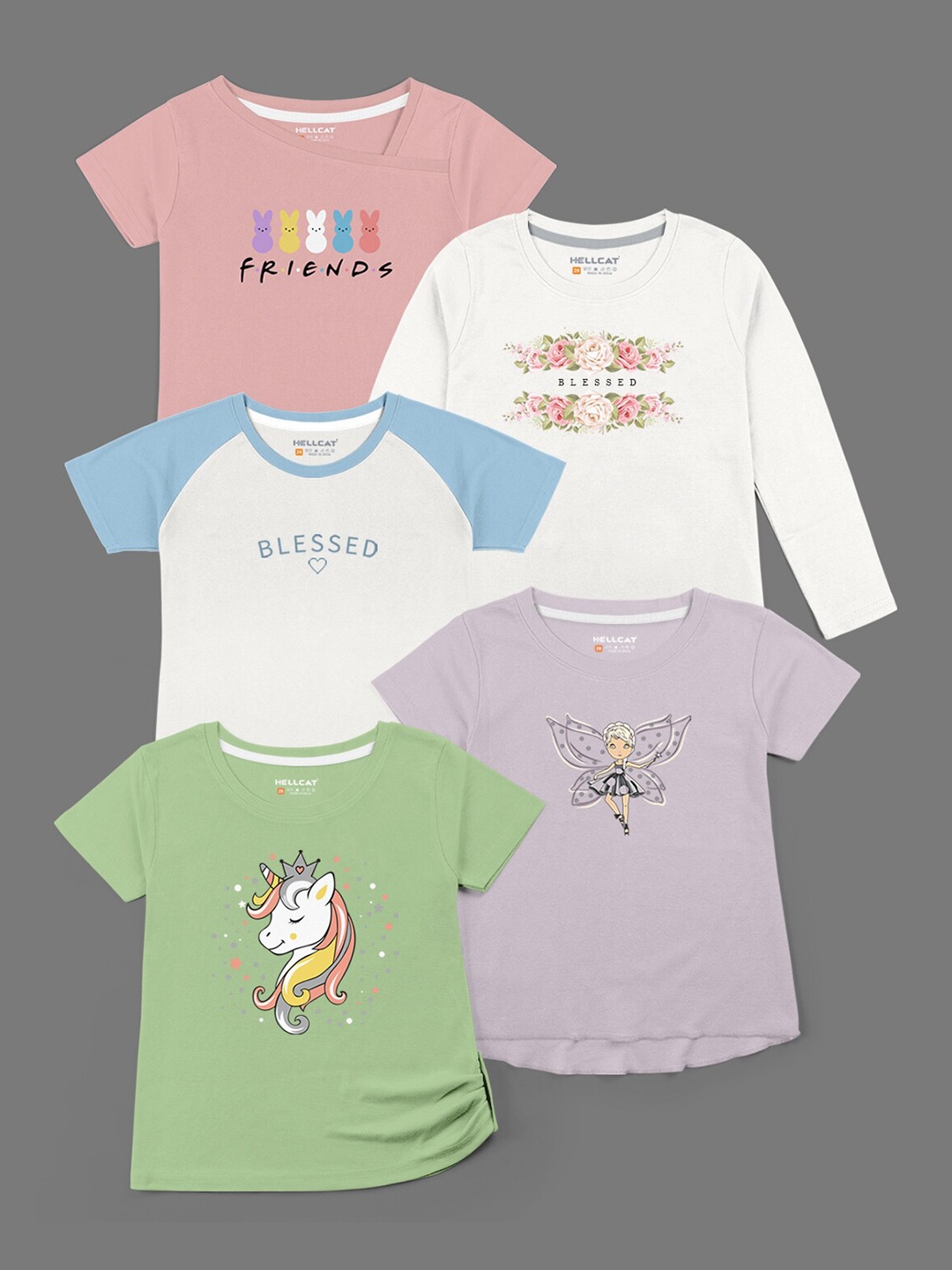 

HELLCAT Pack of 5 Girls Blue & Pink Printed Bio Finish T-shirt
