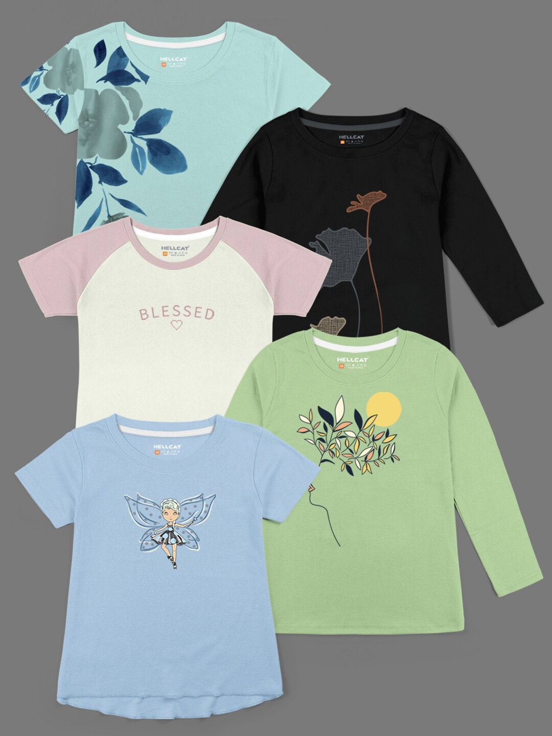

HELLCAT Girls Pack of 5 Printed Bio Finish T-shirt, Black