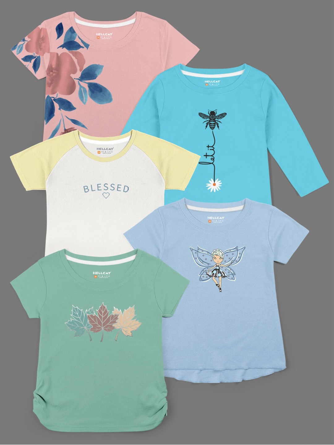 

HELLCAT Girls Pack of 5 Printed Bio Finish T-shirt, Green