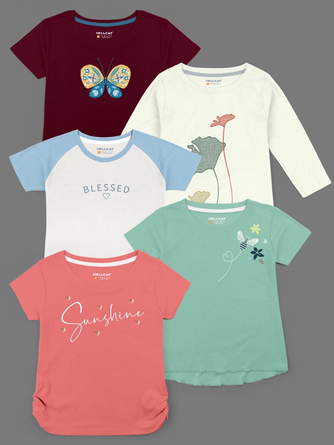 

HELLCAT Girls Pack of 5 Printed Bio Finish T-shirt, Off white