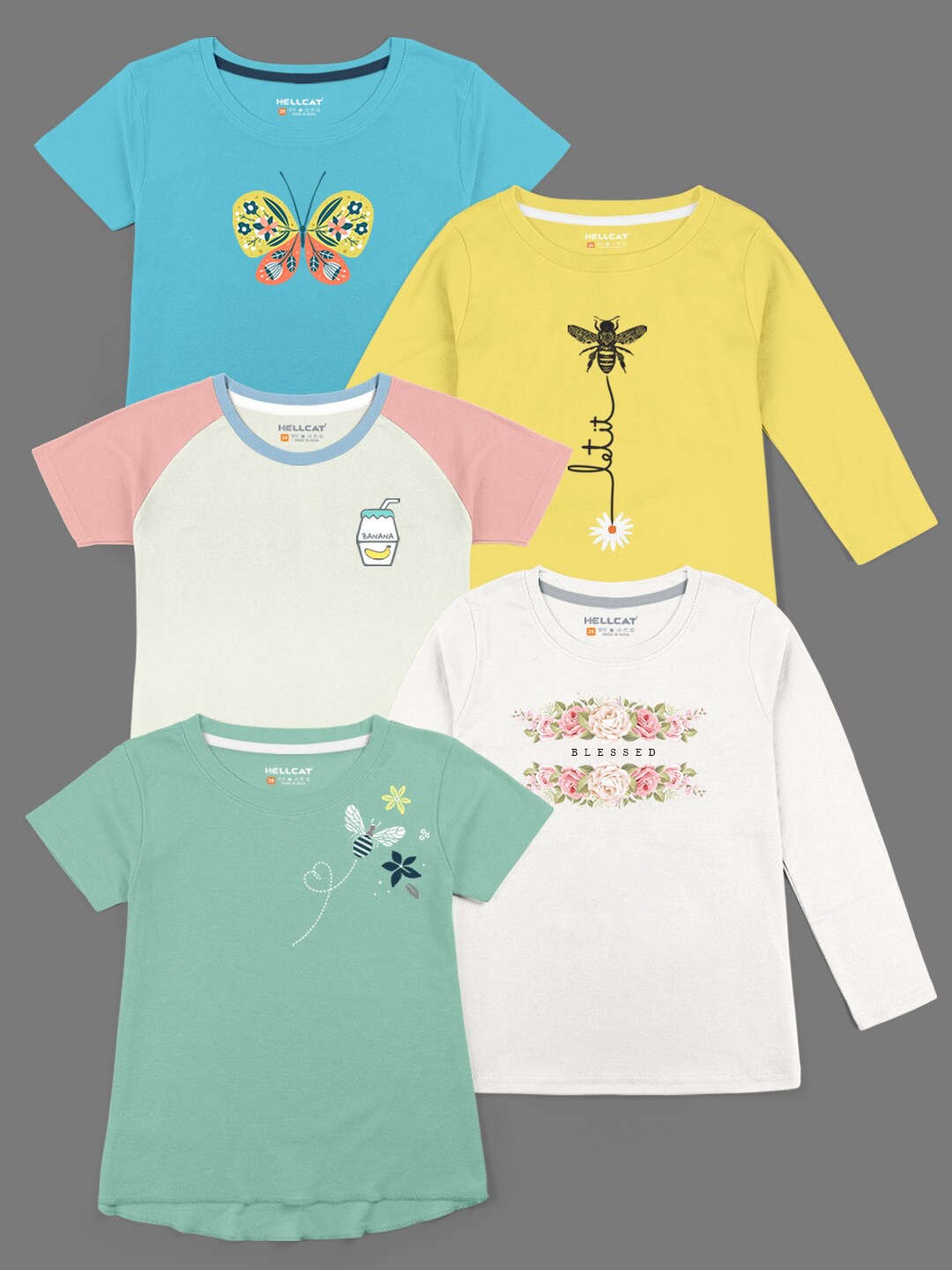 

HELLCAT Girls Pack of 5 Printed Bio Finish T-shirt, Yellow