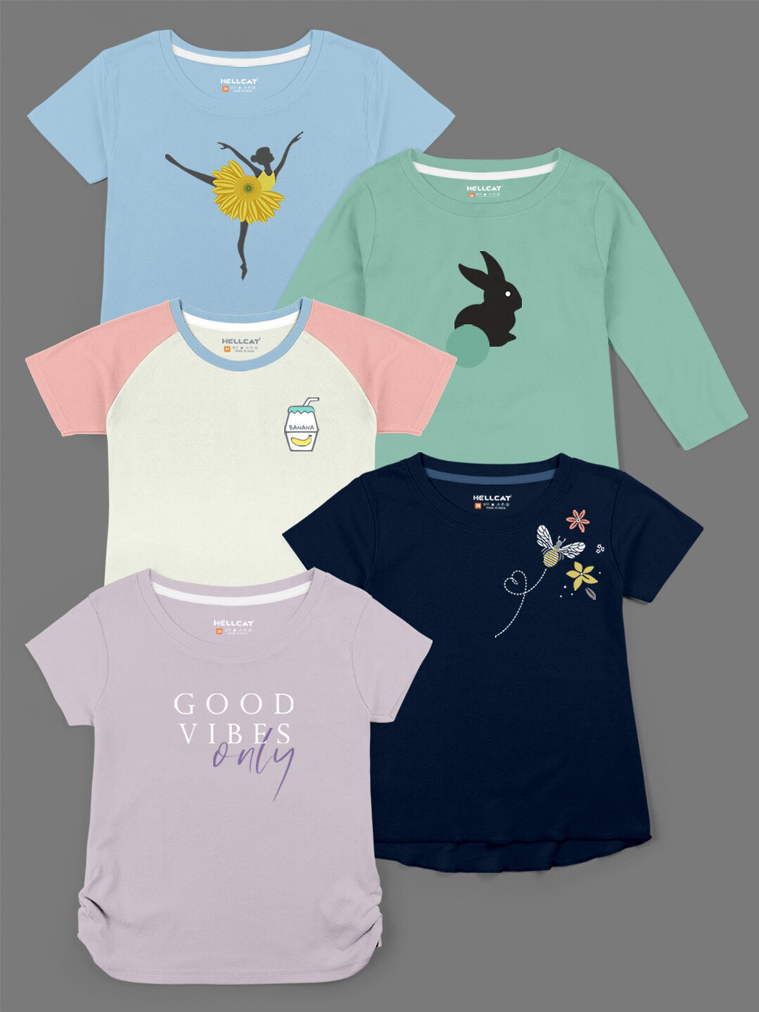 

HELLCAT Girls Pack of 5 Printed Bio Finish T-shirt, Green