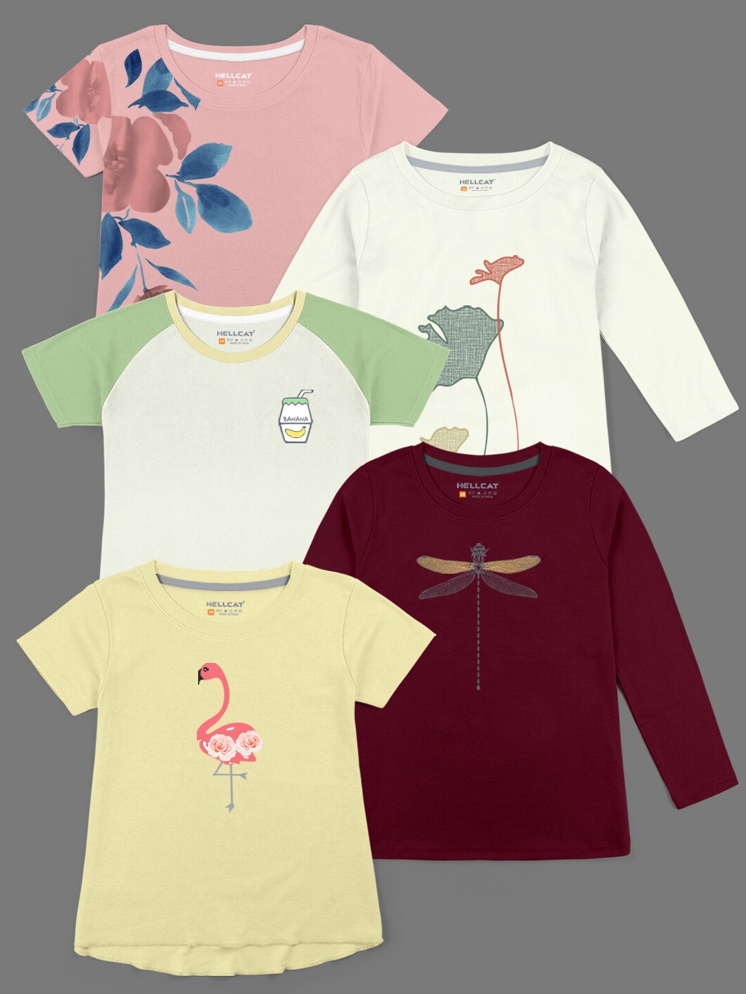

HELLCAT Girls Pack of 5 Printed Bio Finish T-shirt, Peach