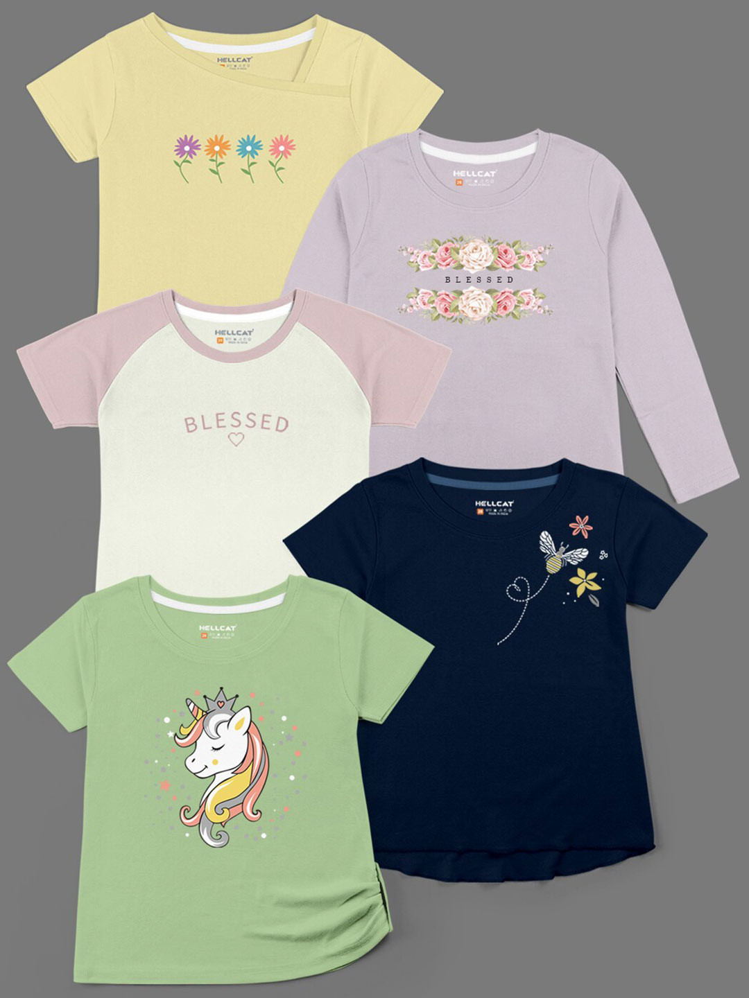 

HELLCAT Girls Pack of 5 Printed Bio Finish T-shirt, Green