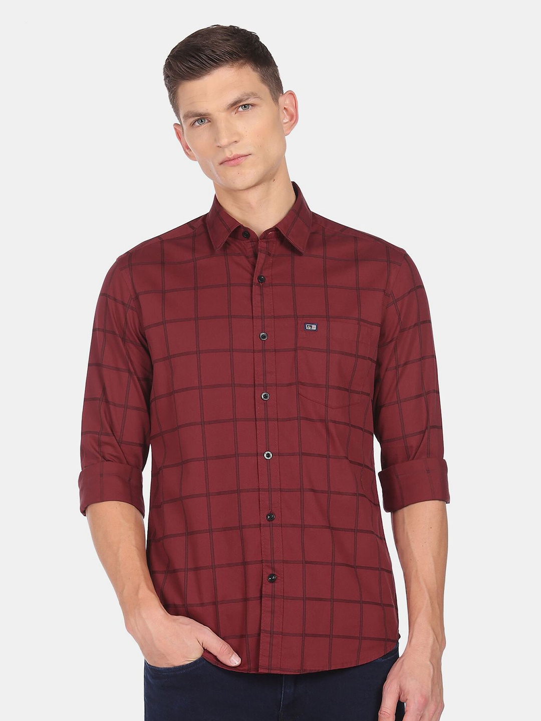 

Arrow Sport Men Red Slim Fit Windowpane Checks Checked Cotton Casual Shirt