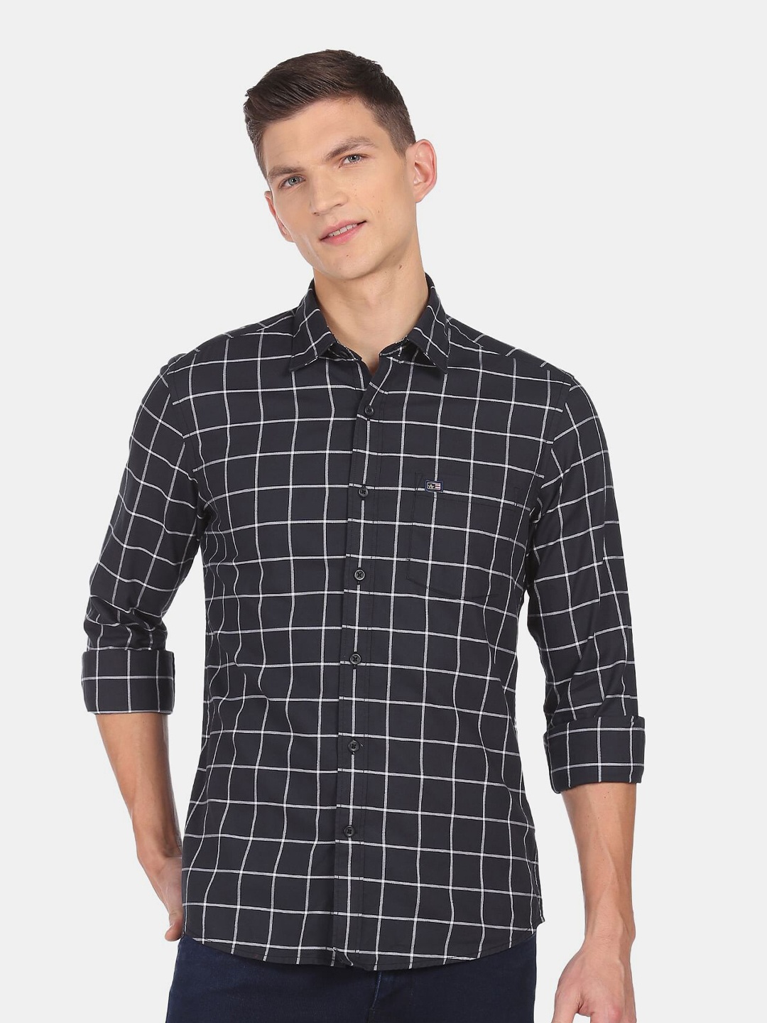 

Arrow Sport Men Black Slim Fit Windowpane Checks Checked Cotton Casual Shirt