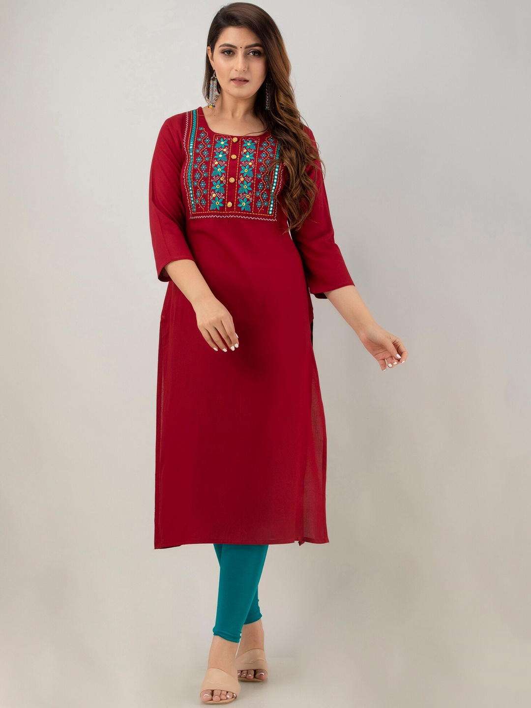 

PREKSHA Women Maroon Yoke Design Embellished Kurta