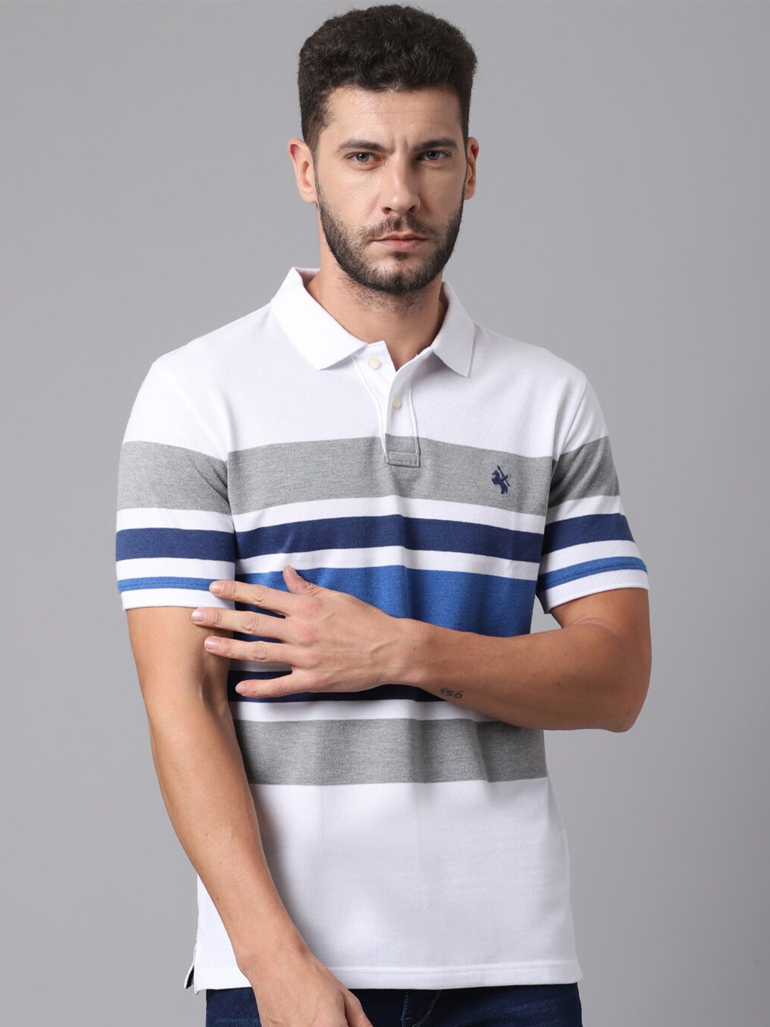 

Cantabil Men White & Blue Striped Polo Collar T-shirt
