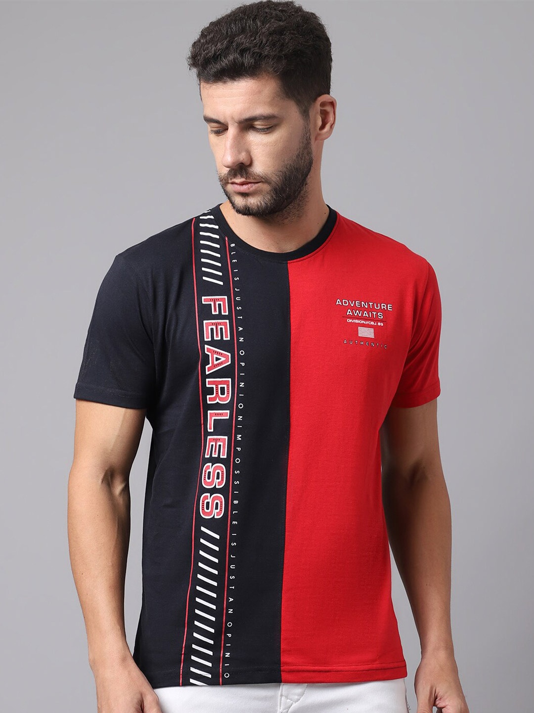 

Cantabil Men Navy Blue & Red Colourblocked T-shirt