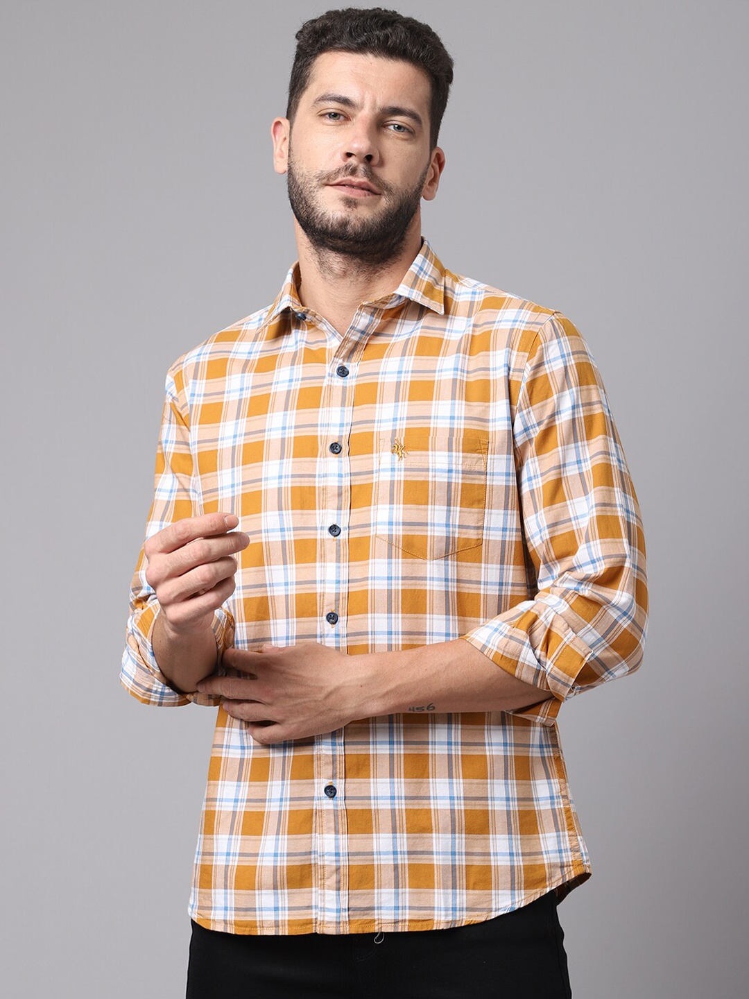 

Cantabil Men Mustard Tartan Checked Casual Shirt
