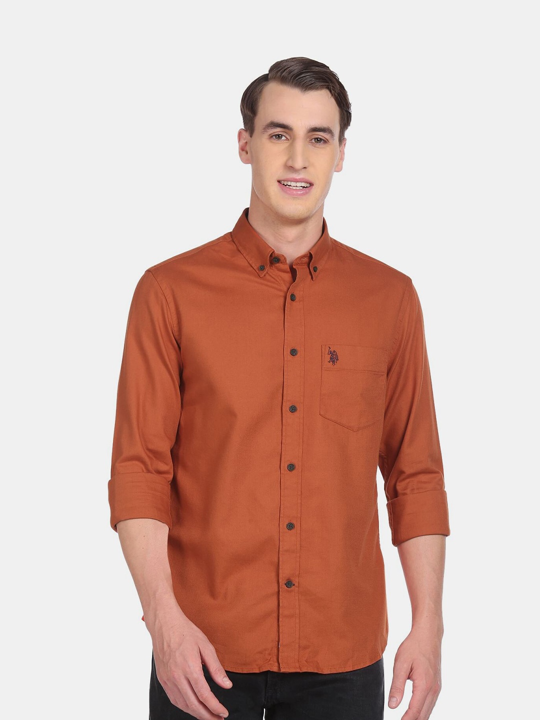 

U S Polo Assn Men Rust Button Down Collar Cotton Solid Casual Shirt, Orange
