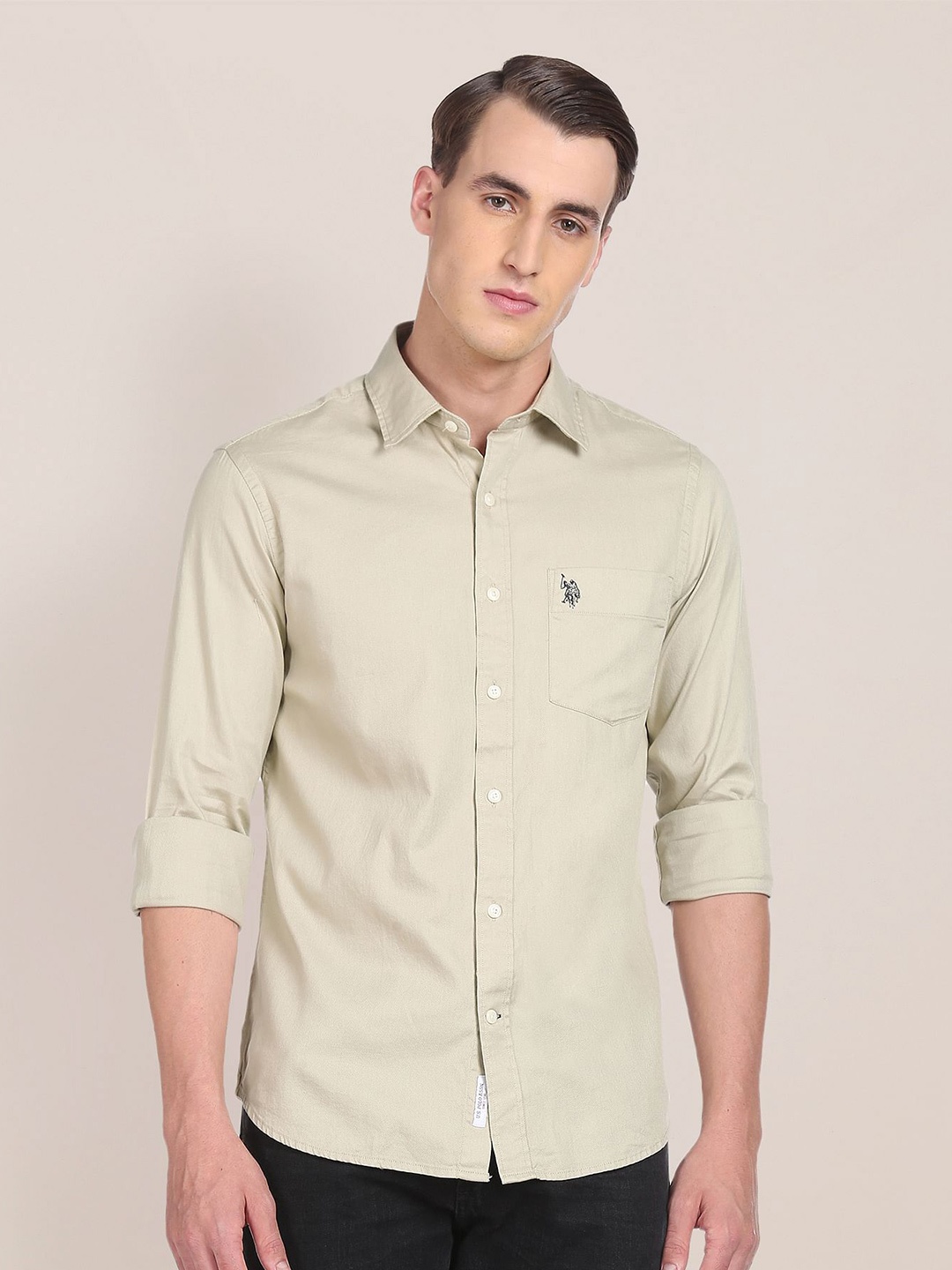 

U S Polo Assn Men Light Green Spread Collar Cotton Solid Casual Shirt