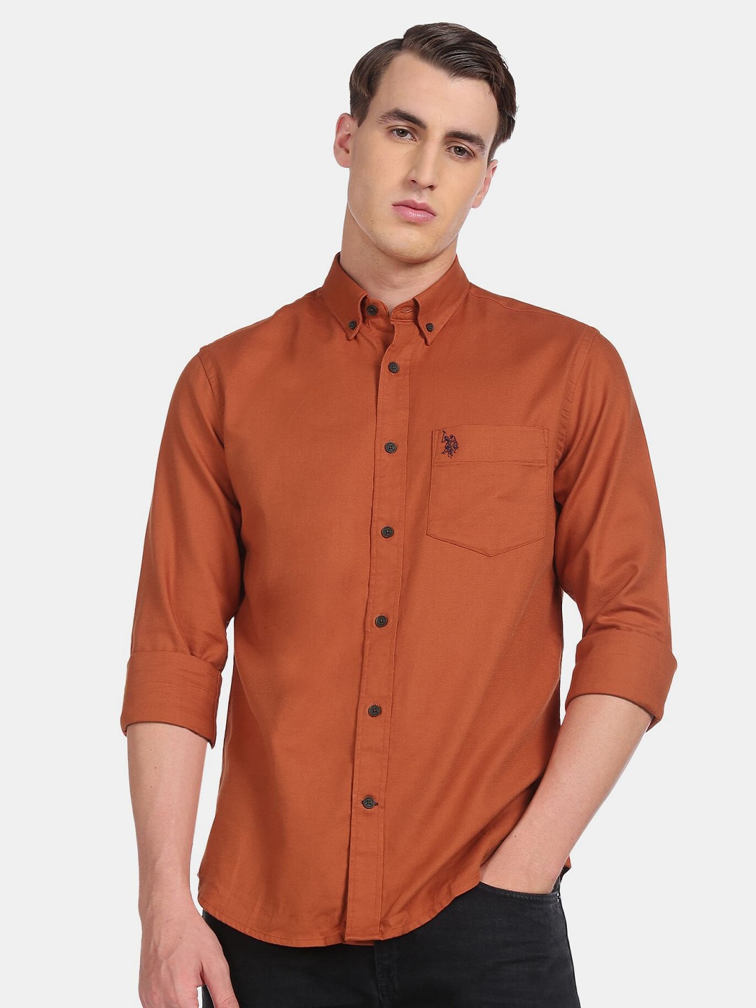 

U S Polo Assn Men Rust Button Down Collar Cotton Solid Casual Shirt