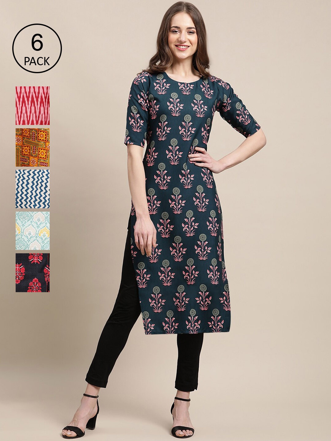 

Ethnic basket Women Pack Of 6 Blue & Red Ethnic Motifs Printed Summer Sheers Crepe Kurta