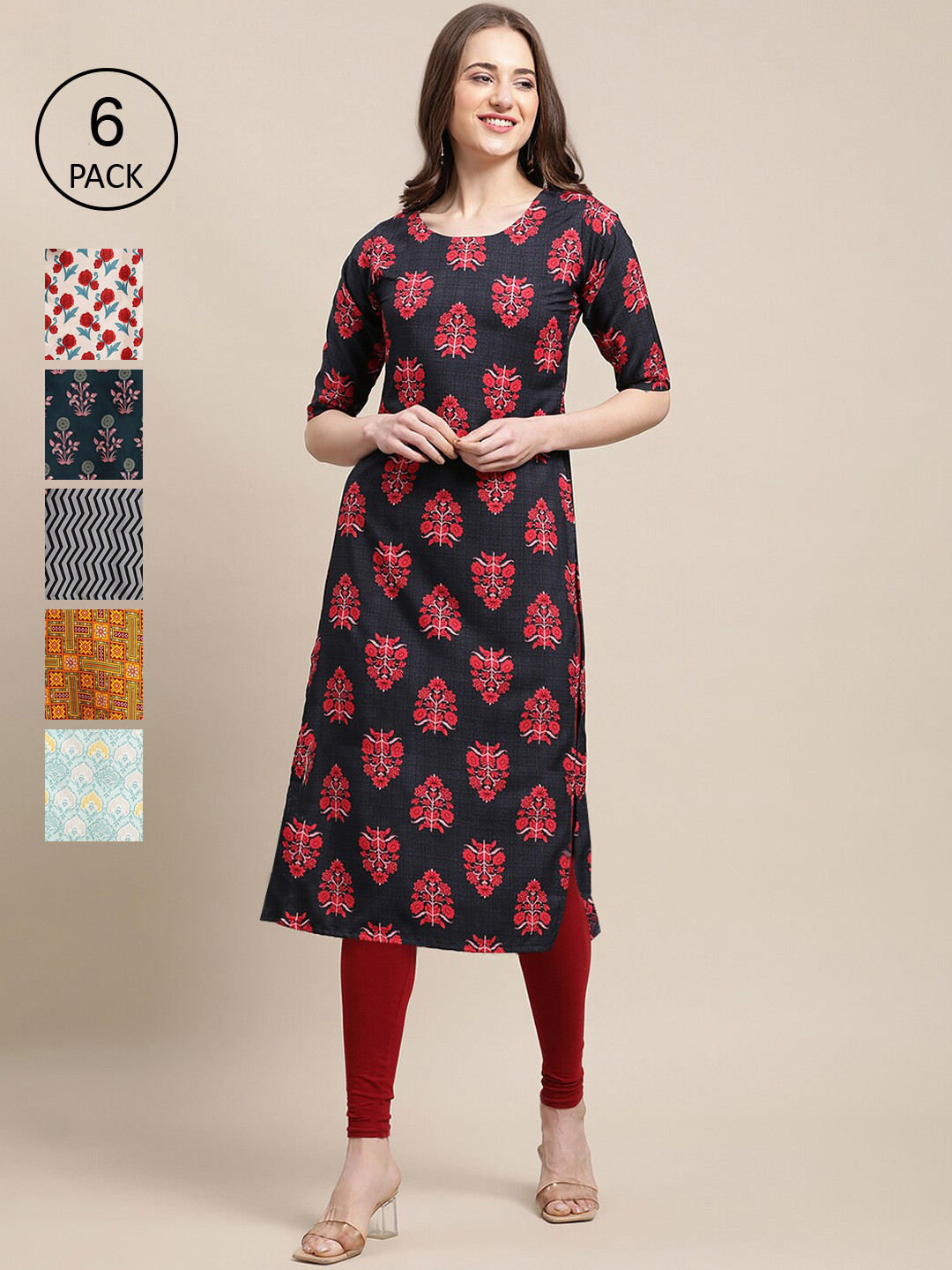 

Ethnic basket Women Pack Of 6 Blue & White Floral Printed Summer Sheers Crepe Kurta