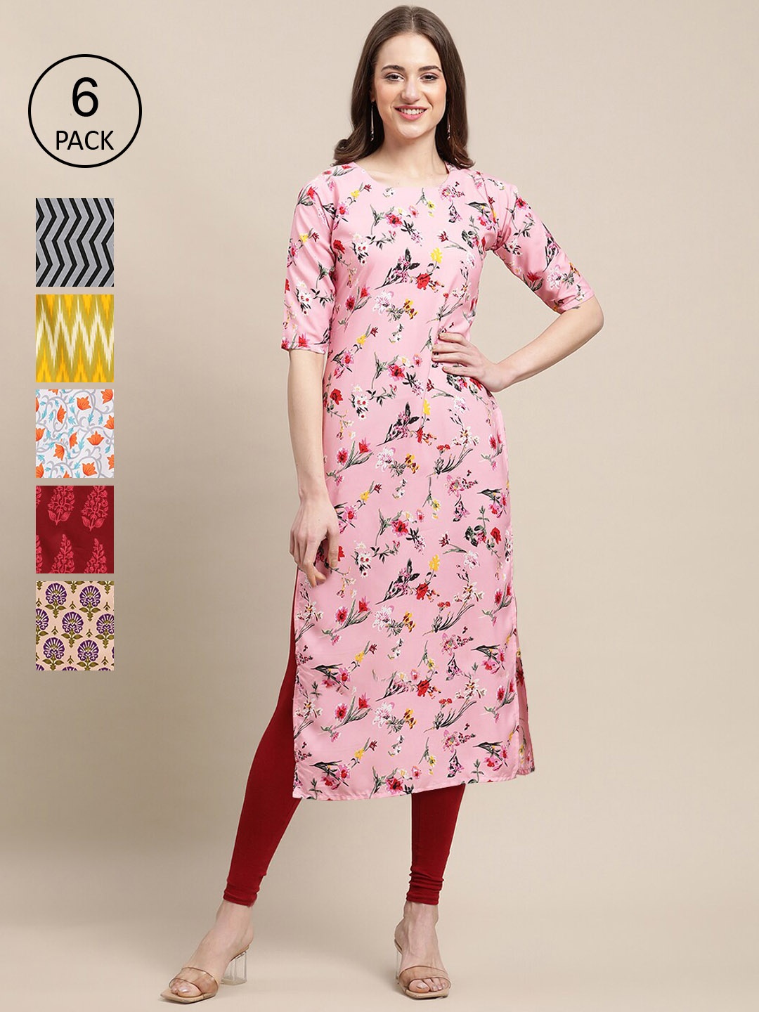 

Ethnic basket Women Multicoloured 6 Geometric Printed Crepe Kurta, Pink