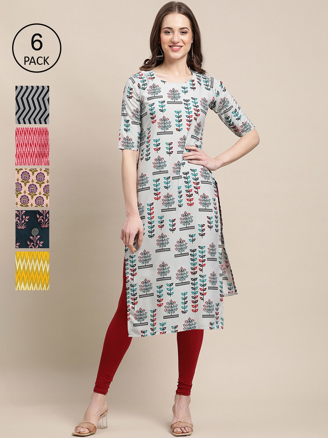 

Ethnic basket Women Pack of 6 Digital Printed Crepe Straight Kurtas, Black