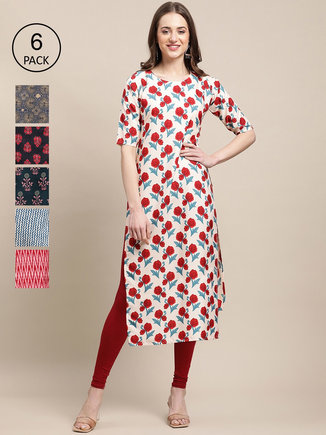 

Ethnic basket Women Black & White Pack Of 6 Geometric Printed Summer Sheers Crepe Kurta