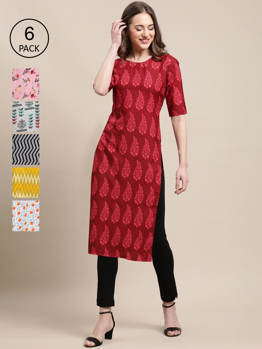 

Ethnic basket Pack of 6 Women Red & Yellow Floral Printed Pure Crepe Kurtas