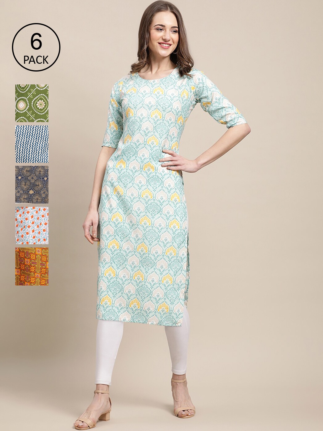 

Ethnic basket Pack of 6 Women Green & Blue Floral Printed Pure Crepe Kurta