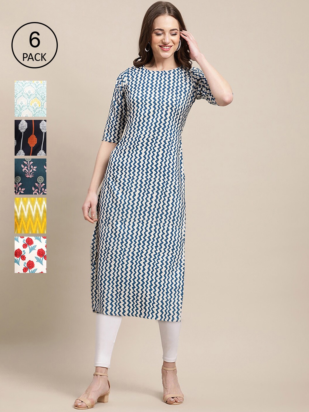 

Ethnic basket Women Multicoloured Pack Of 6 Geometric Printed Crepe Kurta, Multi