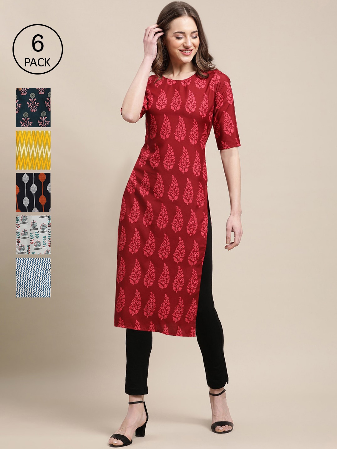 

Ethnic basket Women Pack of 6 Crepe Kurta, Multi