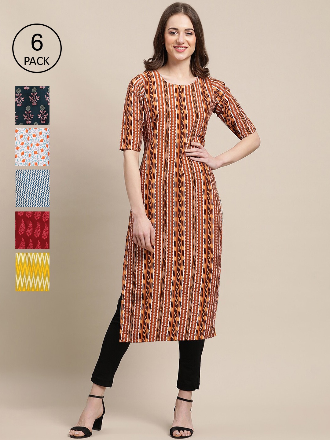 

Ethnic basket Women Pack Of 6 Printed Crepe Kurta, Red