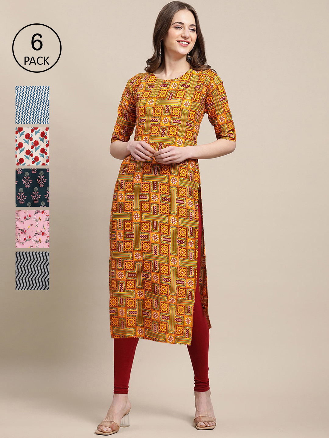 

Ethnic basket Women Pack Of 6 Ethnic Motifs Printed Summer Sheers Crepe Kurta, Yellow