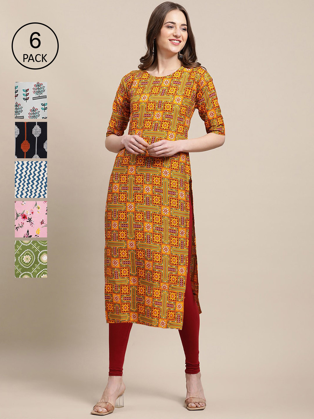 

Ethnic basket Women PACK OF 6 Ethnic Motifs Printed Crepe Kurta, Yellow