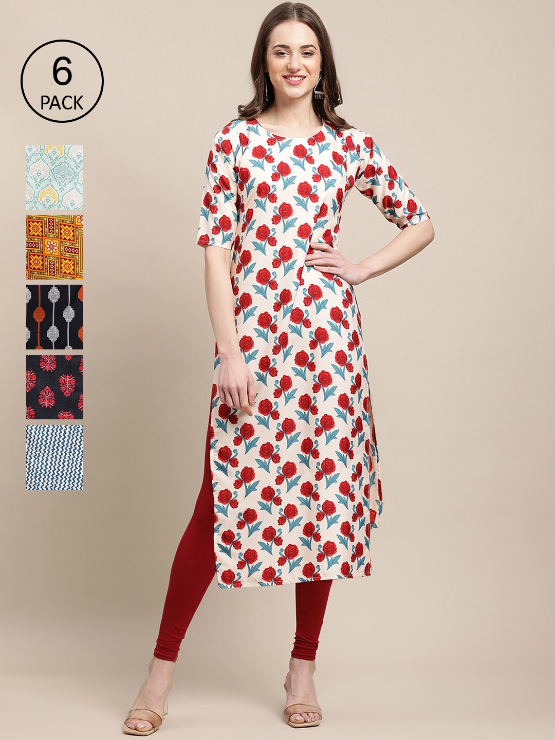 

Ethnic basket Women Pack of 6 Floral Printed Summer Sheers Crepe Kurta, White