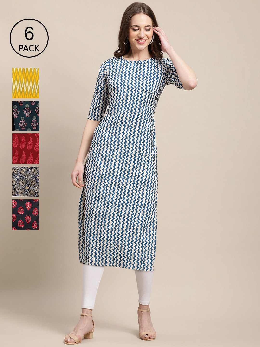 

Ethnic basket Women Pack of 6 Geometric Printed Summer Sheers Crepe Kurta, Blue