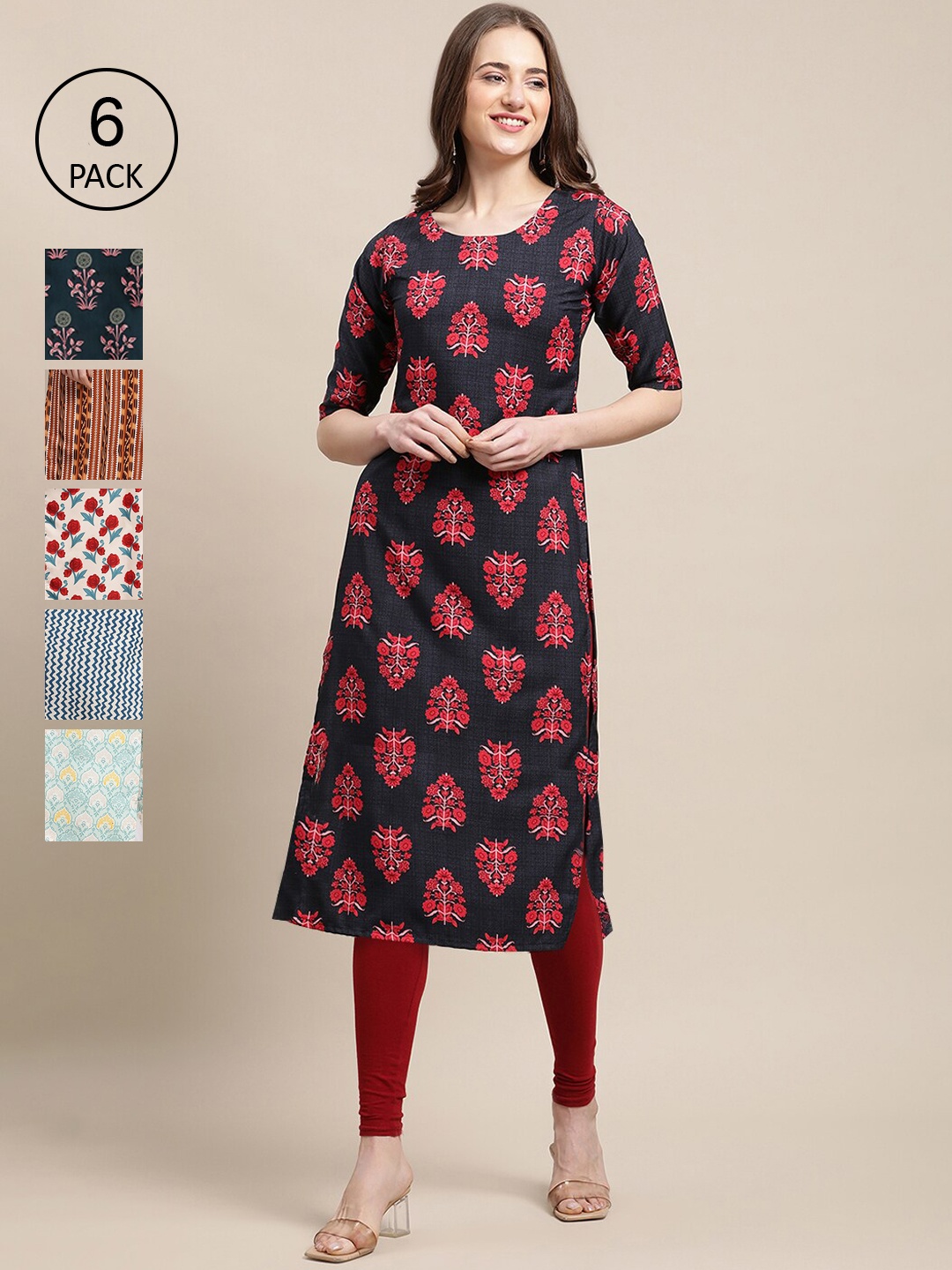 

Ethnic basket Women Pack Of 6 Printed Summer Sheers Crepe Kurta, Blue