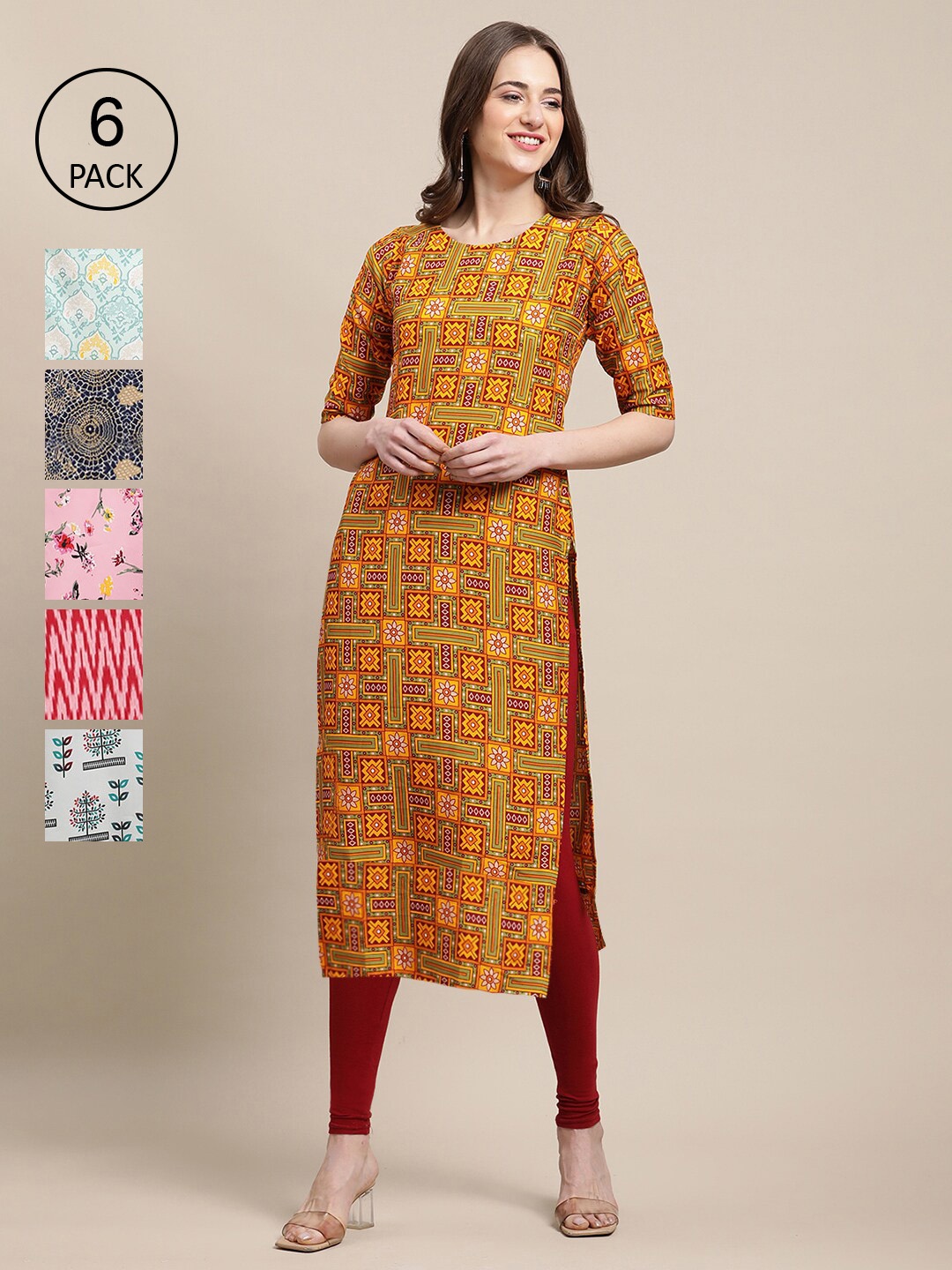 

Ethnic basket Women Yellow & Pink Pack Of 6 Floral Printed Crepe Kurtas