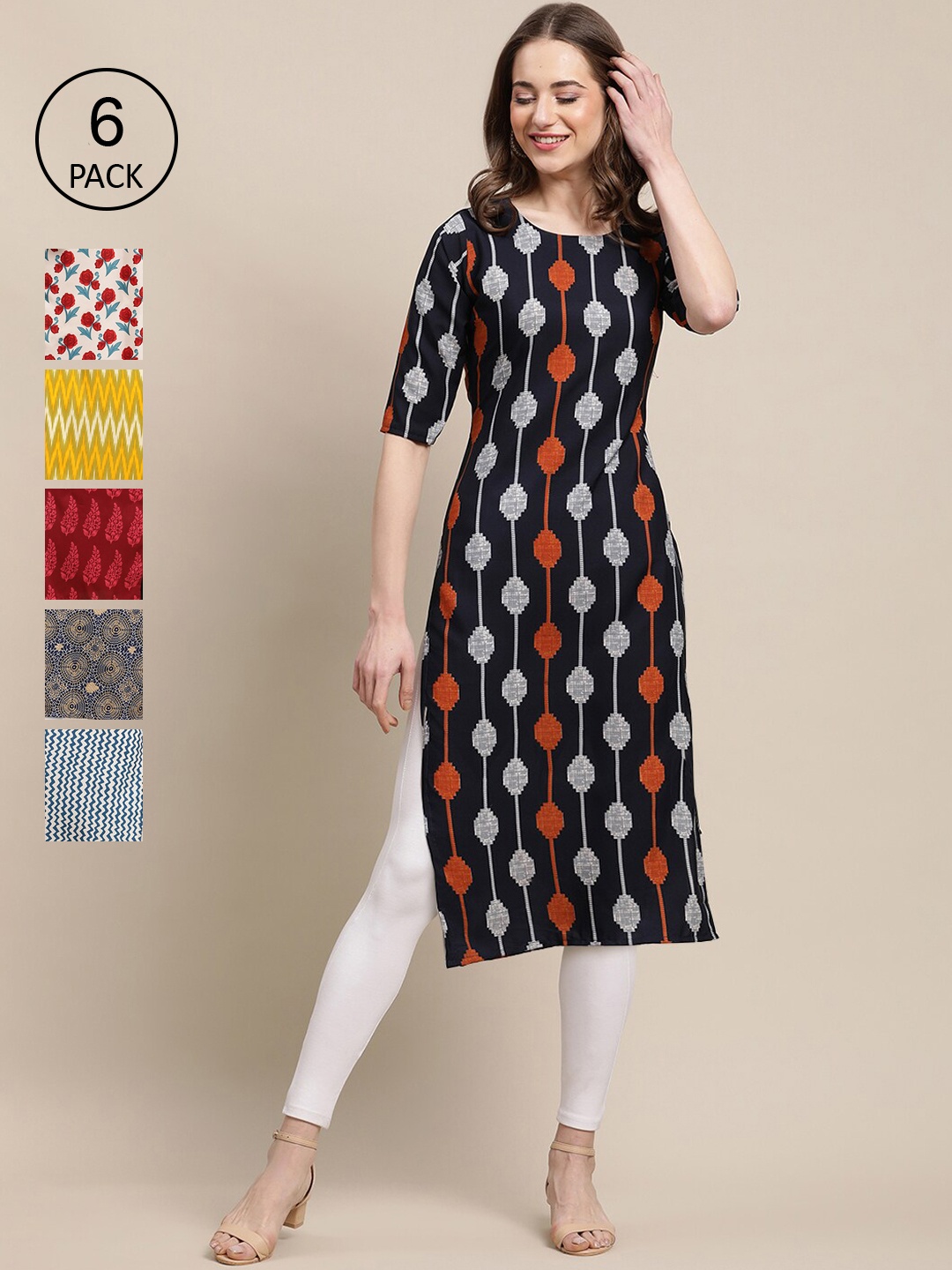 

Ethnic basket Women Black & Red Pack Of 6 Geometric Printed Crepe Kurtas