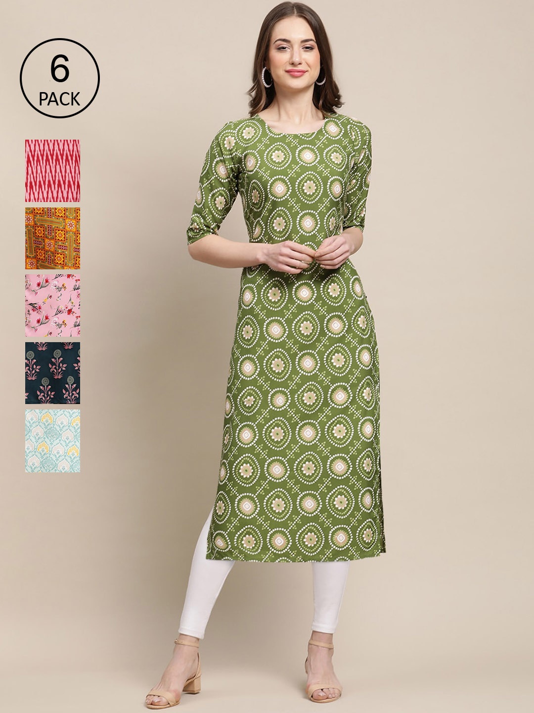 

Ethnic basket Pack of 6 Women Printed Straight Crepe Kurta, Multi