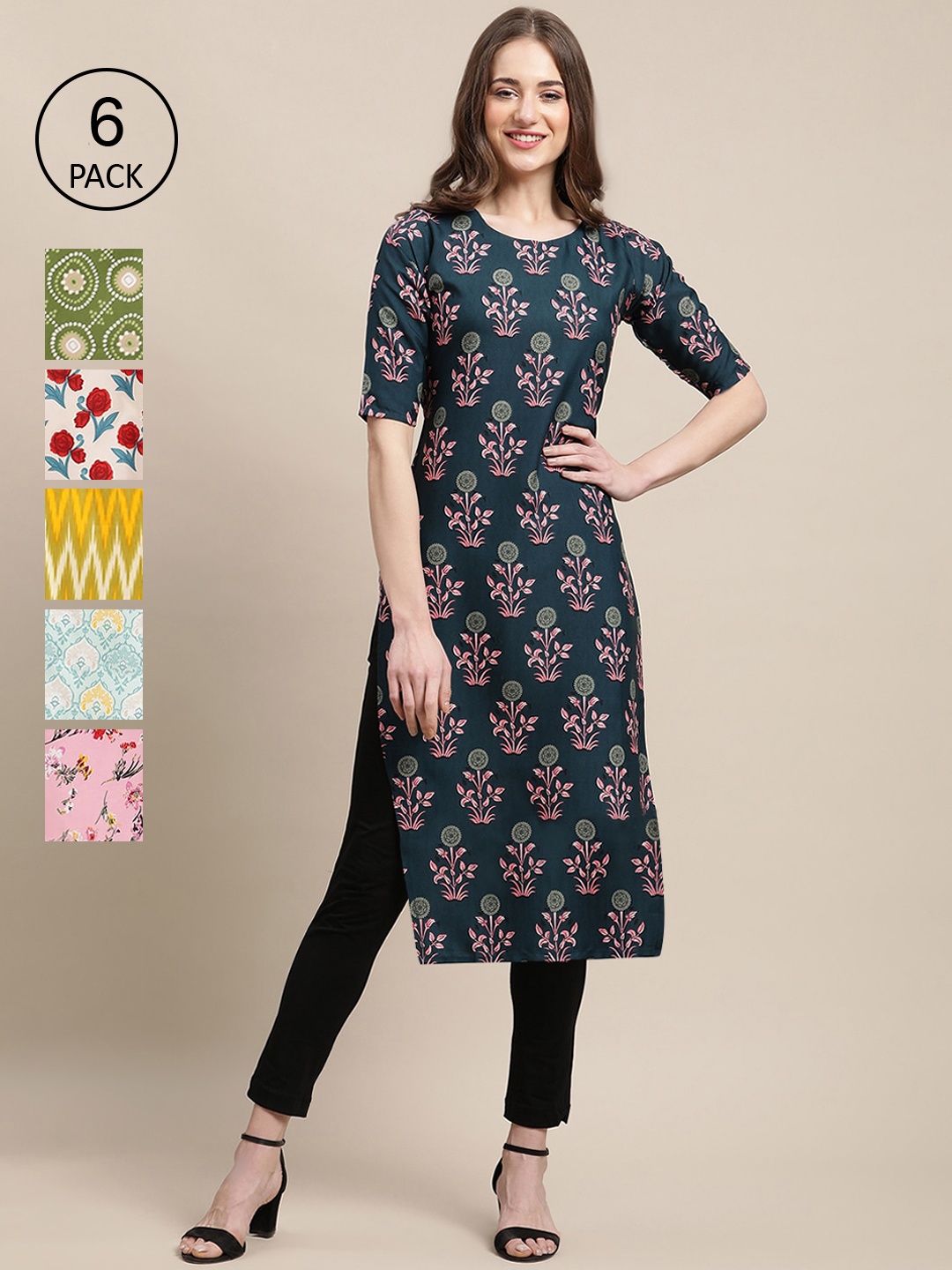 

Ethnic basket Women PACK OF 6 Blue & Green Geometric Crepe Kurta