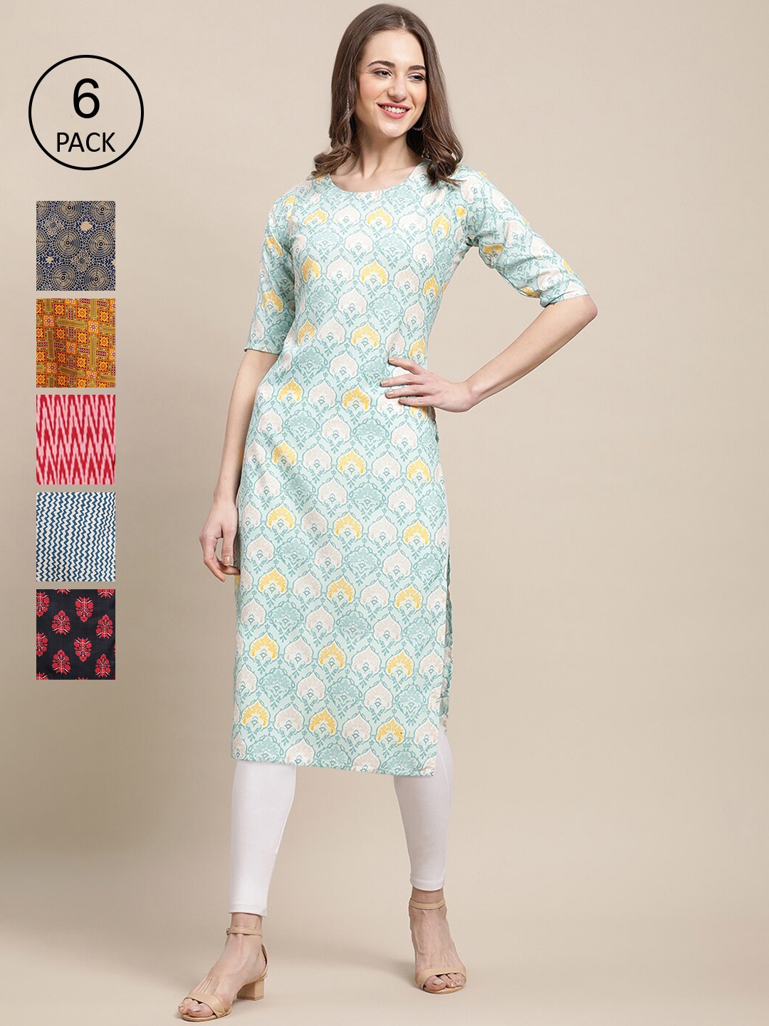 

Ethnic basket Women Set Of 6 Blue & Yellow Ethnic Motifs Printed Crepe Kurta