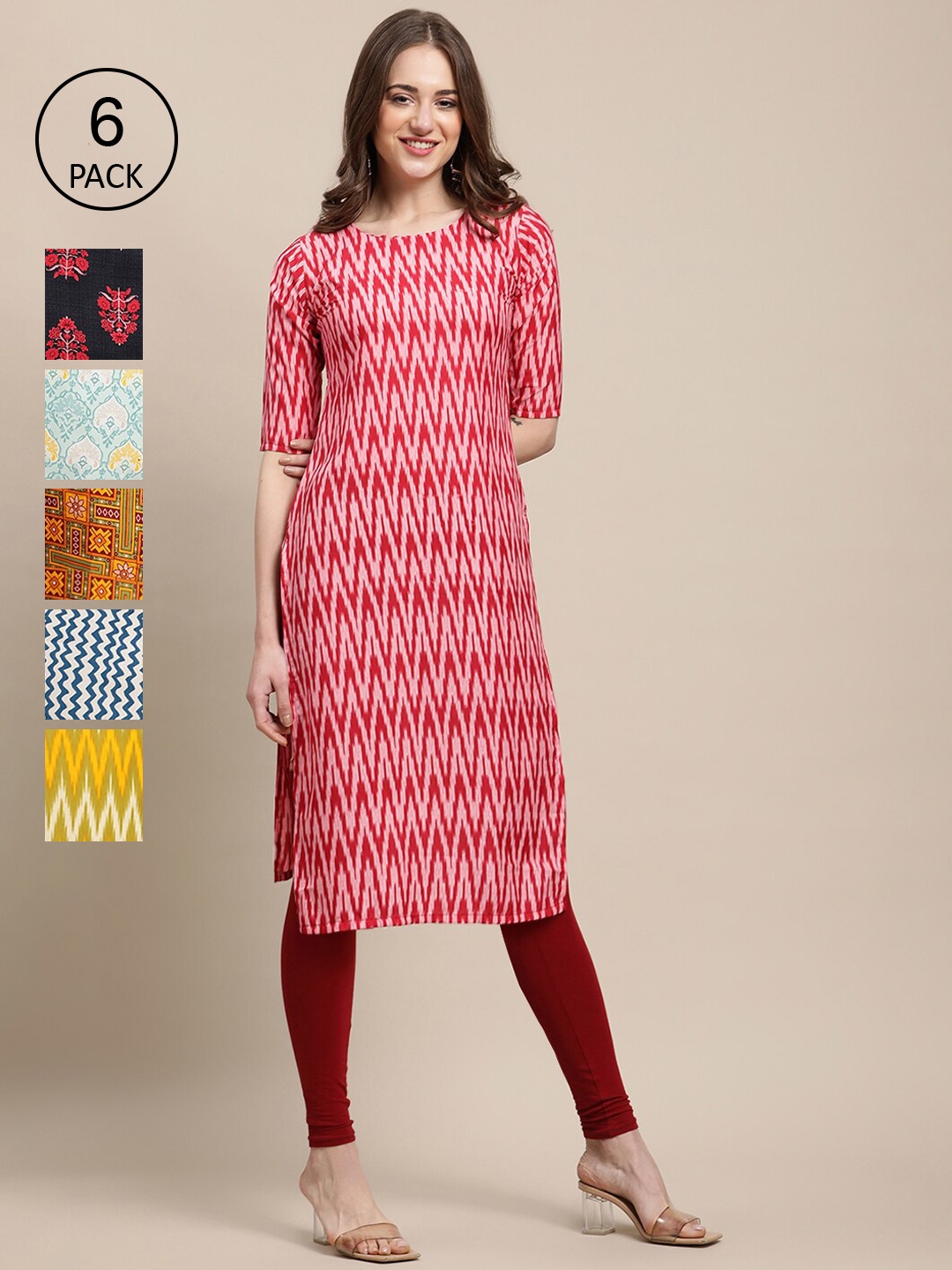 

Ethnic basket Women Set Of 6 Pink & Yellow Ethnic Motifs Printed Crepe Kurta