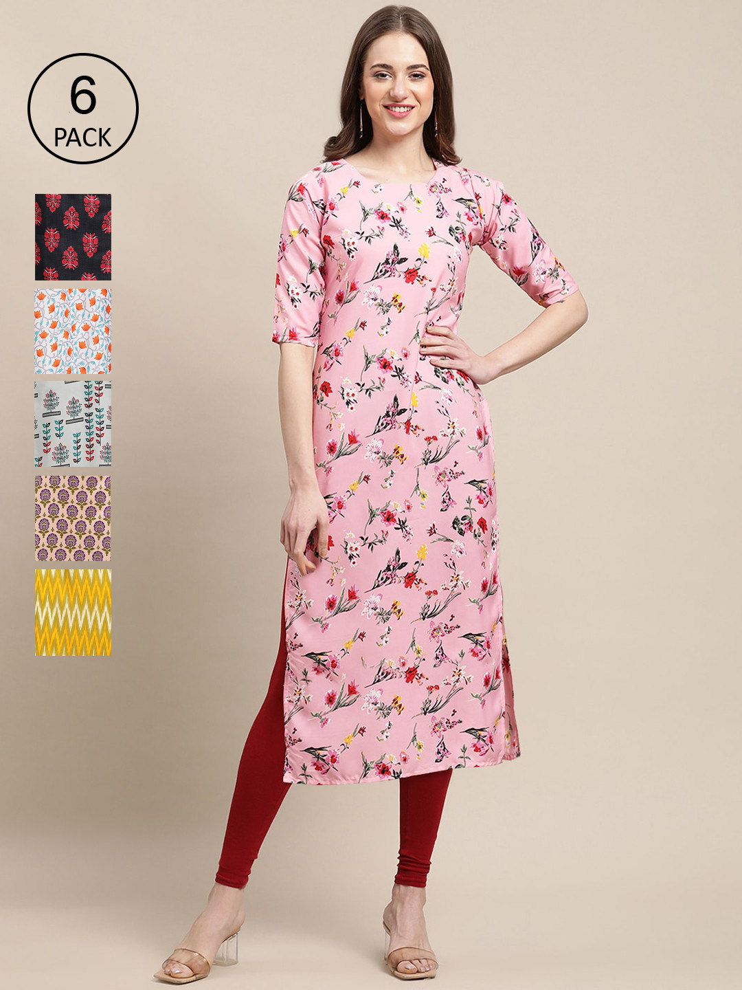 

Ethnic basket Women Pack Of 6 Pink & Yellow Geometric Printed Crepe Kurta