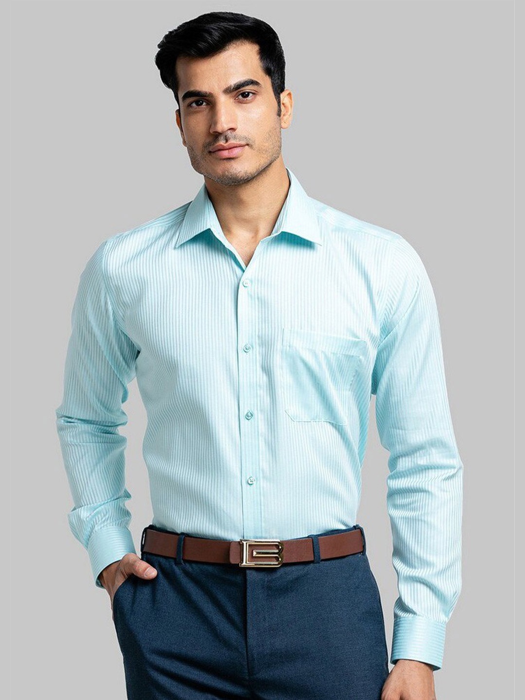 

Raymond Men Sea Green Striped Formal Shirt