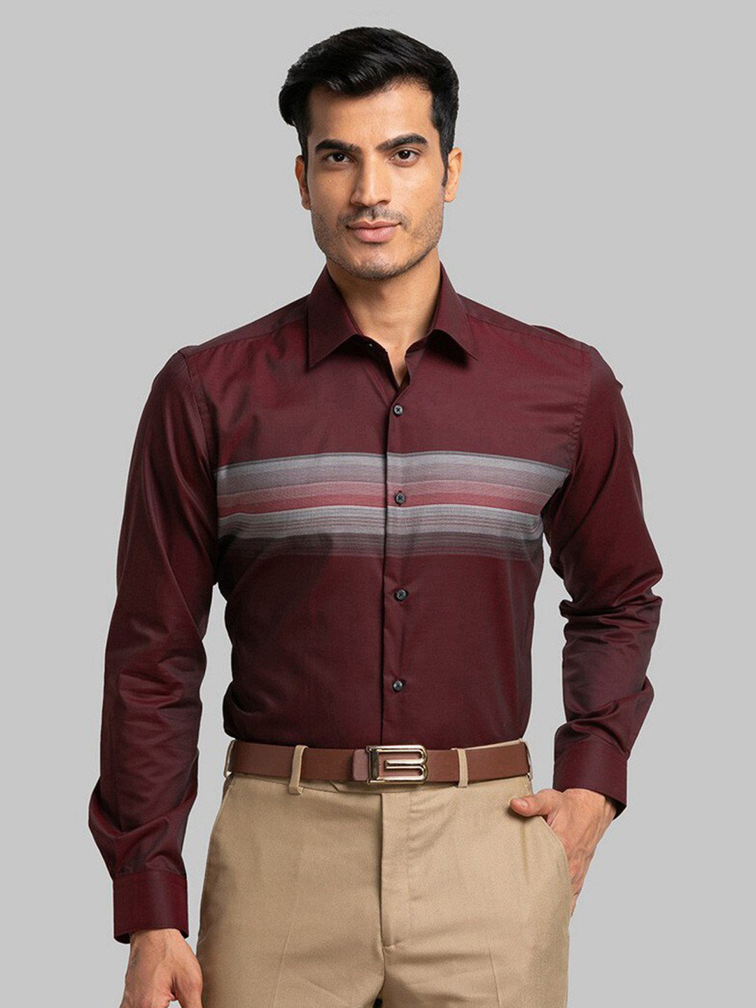 

Raymond Men Medium Maroon Red Striped Printed Pure Cotton Shirts