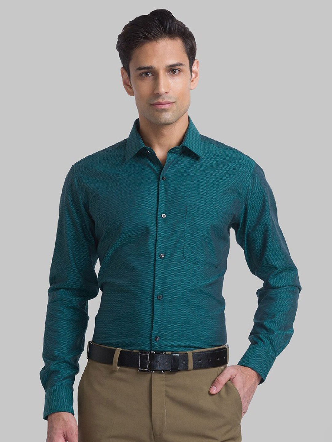

Raymond Men Green Textured Pure Cotton Formal Shirt