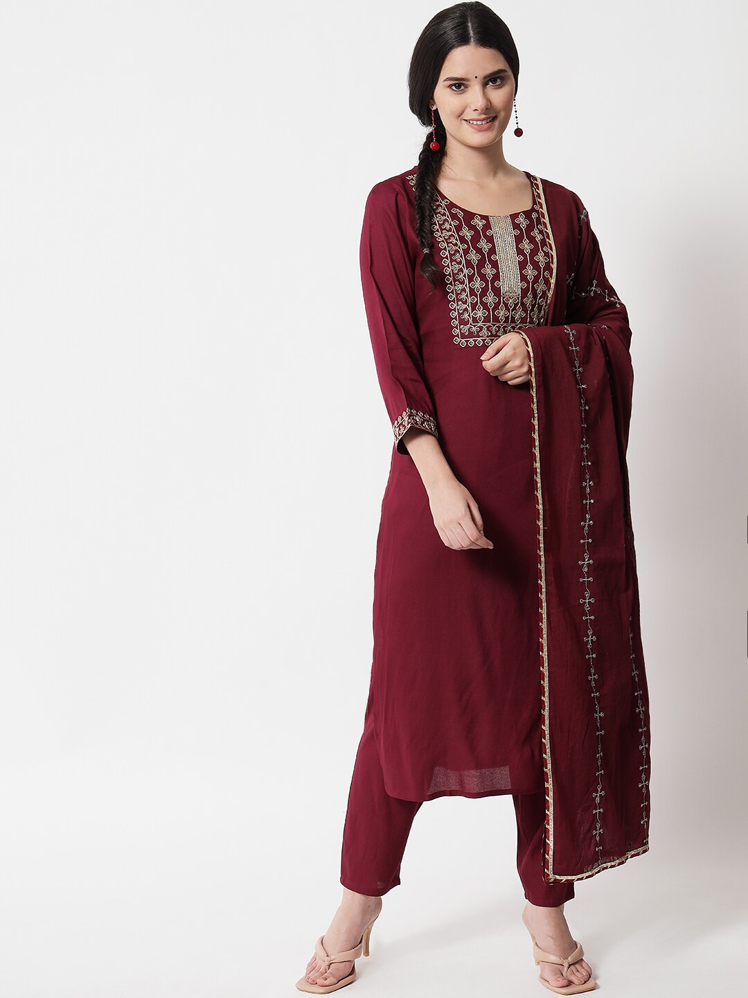 

IkDaiya Women Magenta Floral Embroidered Empire Kurta with Trousers & With Dupatta